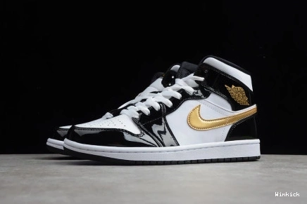 Black Air Jordan Patent Gold 1 Mid 852542-007 White 0831